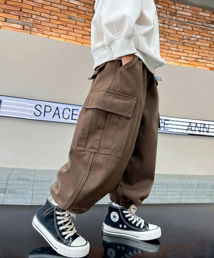 Boy's Loose Fit Tactical Cargo Pants 2025 Spring Autumn Lightweight Breathable Casual Wear with Multi-Pockets