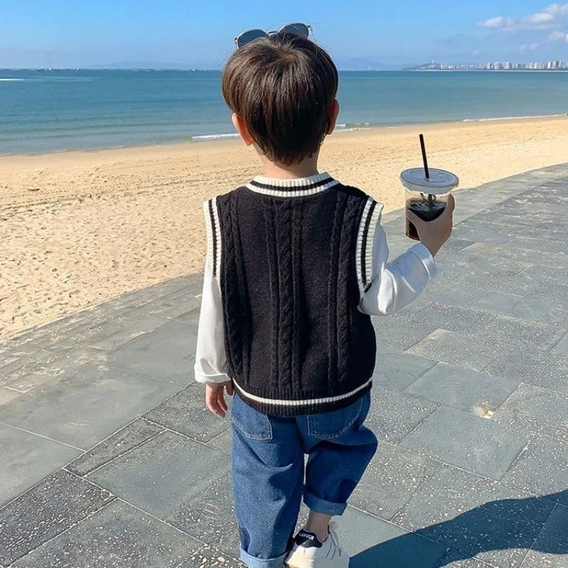 Boys' Knit Vest 2025 Spring Autumn New Preppy Style Kids' Outerwear Trendy Baby Boy Vest for School Casual Wear