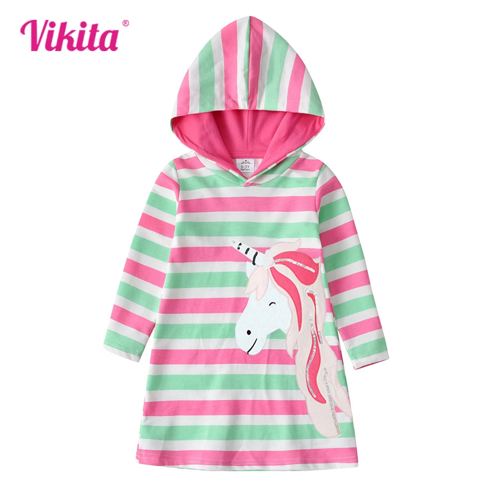 VIKITA Girls Hooded Dress Kids Licorne Appliqued Striped Dresses Girls Autumn Spring Long Sleeve Cotton Casual Straight Dress