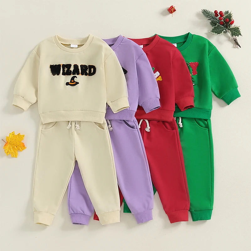 Toddler Boy Girl Winter Christmas Tree Print Long Sleeve Round Neck Sweatshirt and Pants Outfit Set with Letter Embroidery