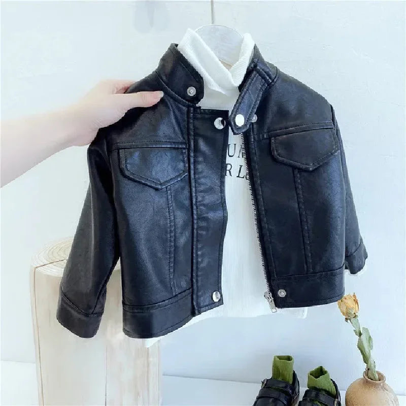 Boys Pu Leather Jackets Spring Autumn Children Handsome Outerwear Kids Zipper Trends Coats Baby Classics Clothes 2-8 Years