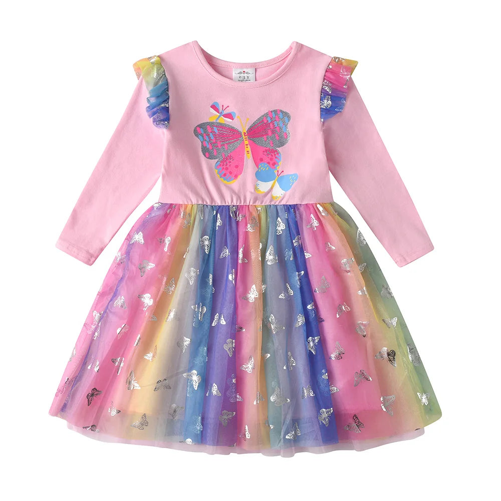 VIKITA Kids Butterfly Flower Print Flare Sleeve Dress Girls Colorful Party Vacation Performance Princess Dress for Kids Clothing