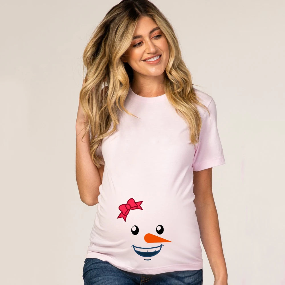 Christmas Pregnant Women T-shirt Snowman Cartoon Printed T Shirt Pregnancy Announcement Clothes Maternity White Short Sleeve Top