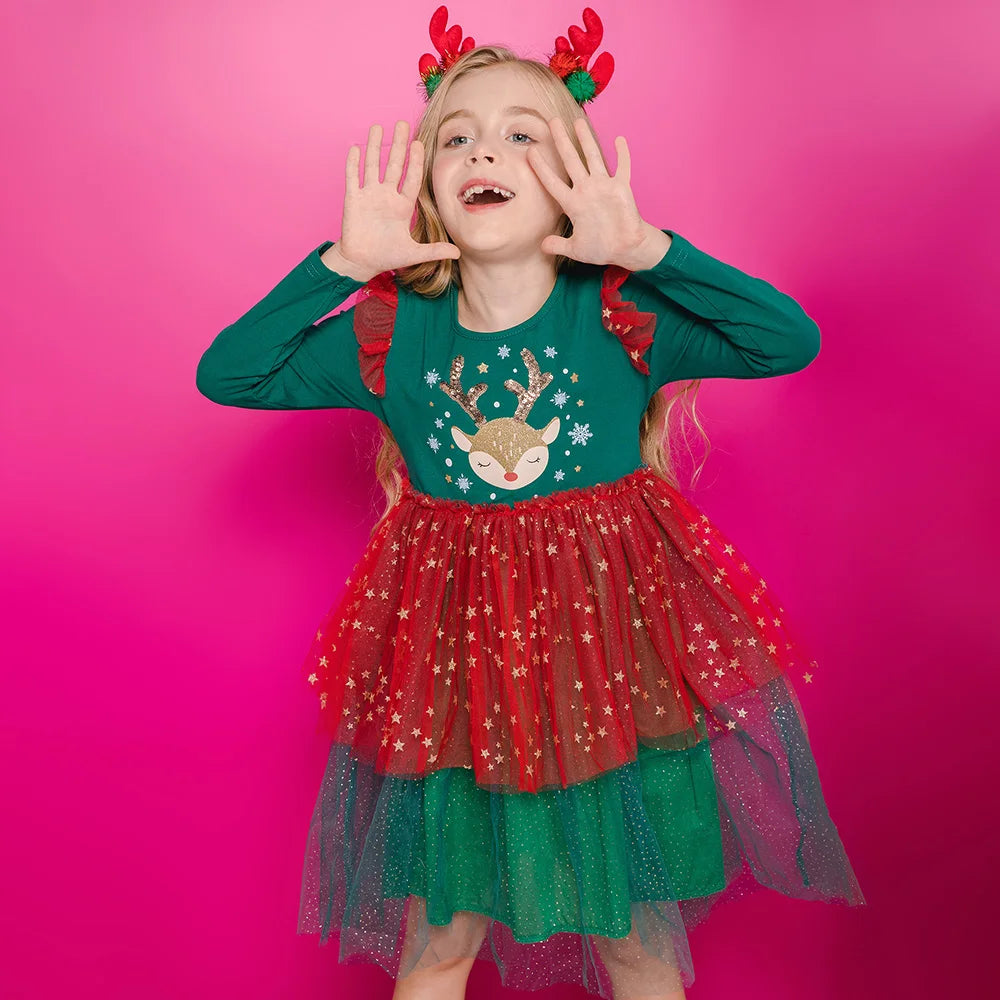 VIKITA Girls Christmas New Year Dresses Kids Elk Snowflakes Print Long Sleeve Autumn Winter Princess Cute Fashion Dress 3-12 Yrs