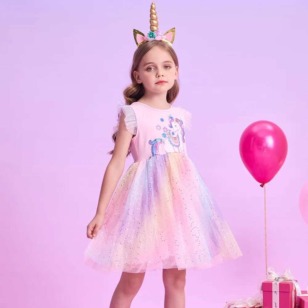 VIKITA Kids Flare Sleeve Summer Dress Girls Unicorn Flower Print Dresses Girls Pink Princess Birthday Party Gradient Cute Dress