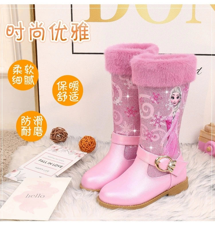 Disney Girls' Leather Boots Winter Cartoon Frozen Boots Zipper High Plush Princess Elsa Boots Warm Children's Boots Size 25-36