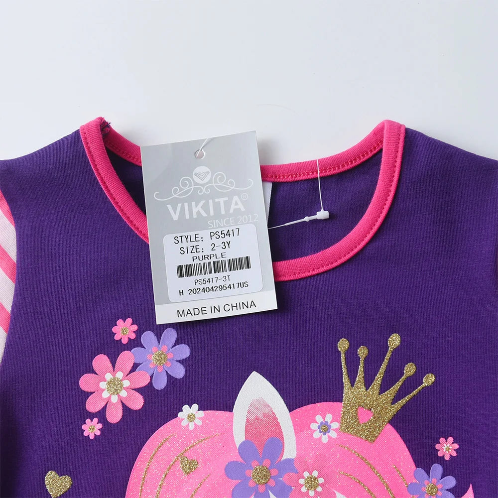 VIKITA Children Clothing Sets for Summer Kids Unicorn Flower Print Short Sleeve T Shirts and Shorts 2 Pcs Suit Clothes Sets