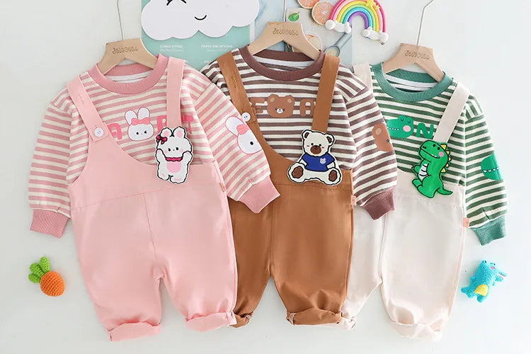 New Autumn Baby Girls Clothes Set Children Boys Striped T-Shirt Overall 2Pcs/Set Kids Clothing Infant Costume Toddler Tracksuits