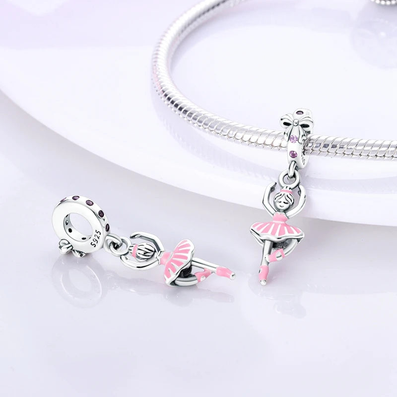 925 Sterling Silver Original Pink Ballet Shoes Charms Ballet Dancer Pendants For Women DIY Bead Fit Original Bracelet Necklace
