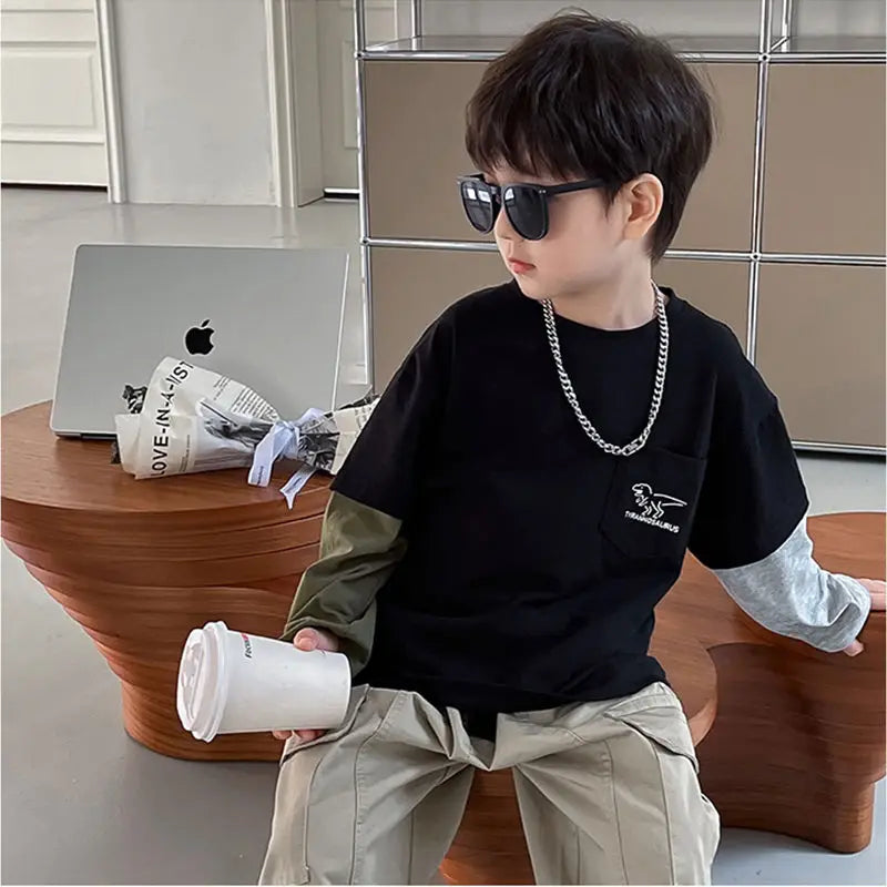 False Two-piece Casual Round Neck Boys' Top 3 Year Old Boy Clothes Children's T-shirt Kids Long Sleeve Tee Clothing 7 14 Years 8