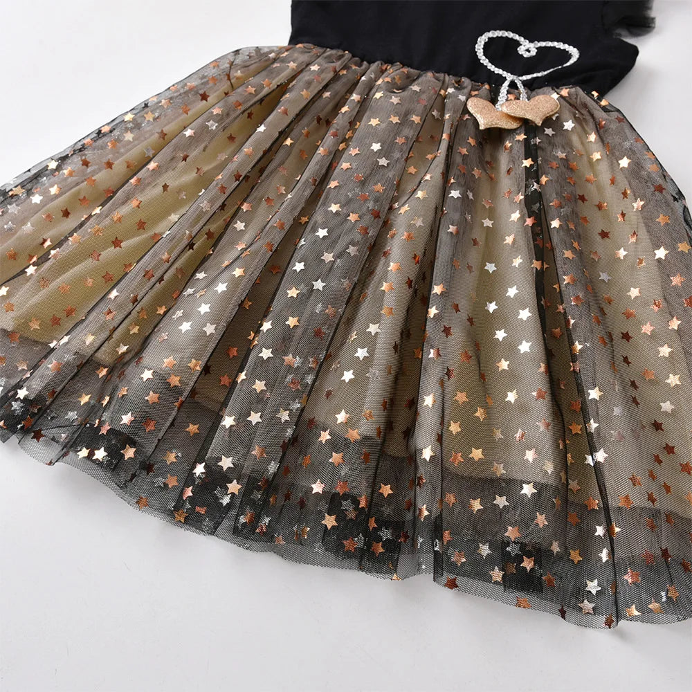 VIKITA Girls Prom Gown Birthday Party Performance Festival Elegant Sequins Princess Dresses Kids Flare Sleeve Mesh Tulle Dress