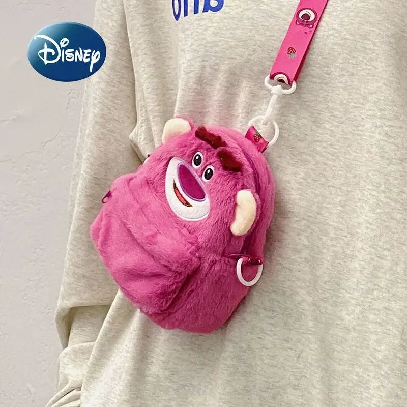 Disney Strawberry Bear 2025 New Girl Plush Backpack Cartoon Children Plush Messenger Bag Fashion Trend Girls Coin Purse