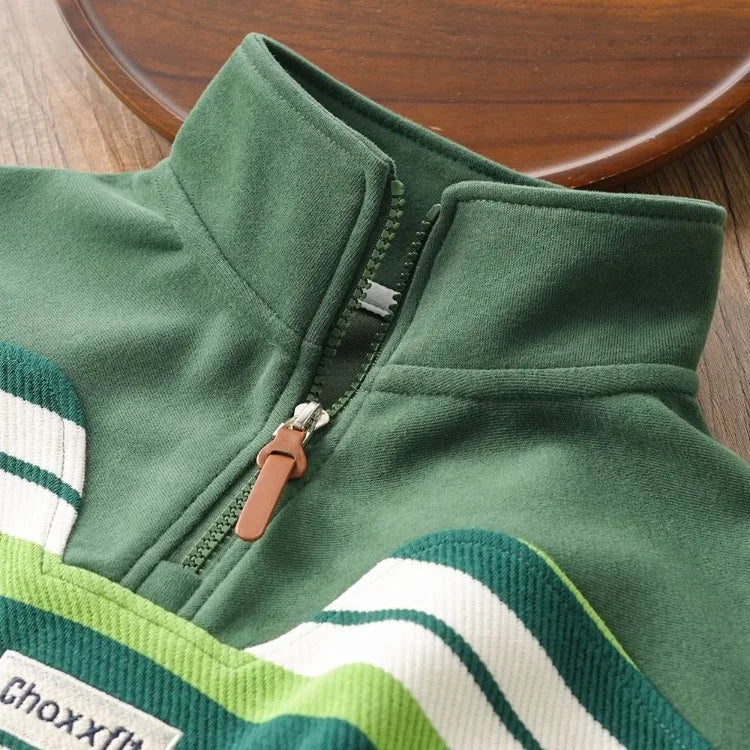 Boys' 7-8Y Striped Stand Collar Zipper Sweatshirt - Kids' Casual Top