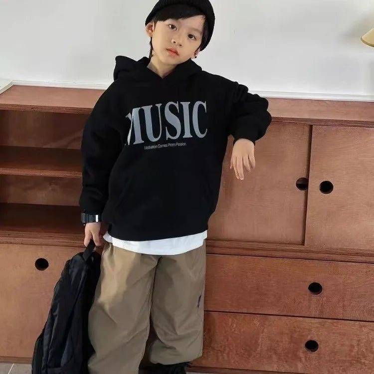 2025 New Boys' Kids' Autumn Winter Printed Fleece-Lined Thickened Hooded Hoodie - Stylish Trendy Top