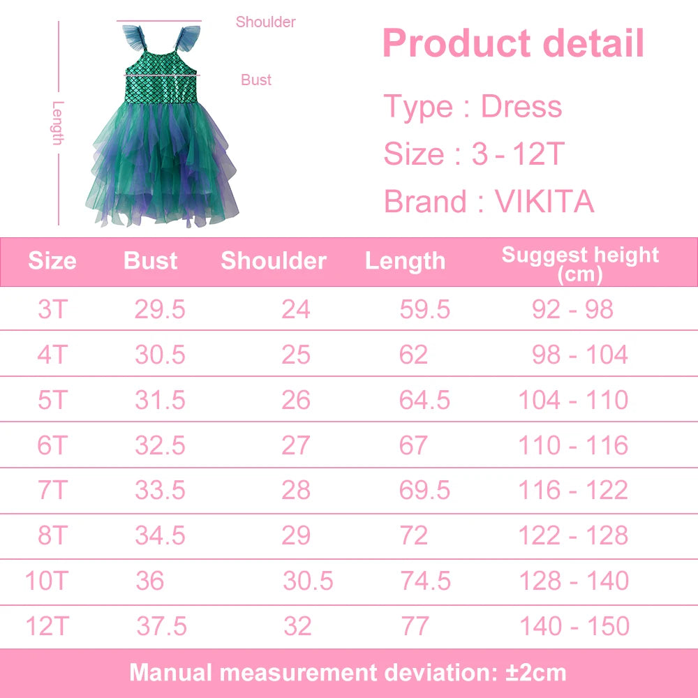 VIKITA Girls Sling Dress Girls Mermaid Print Sleeveless Summer Dresses Kids Mesh Tulle Party Travel Beach Vacation Tutu Vestidos