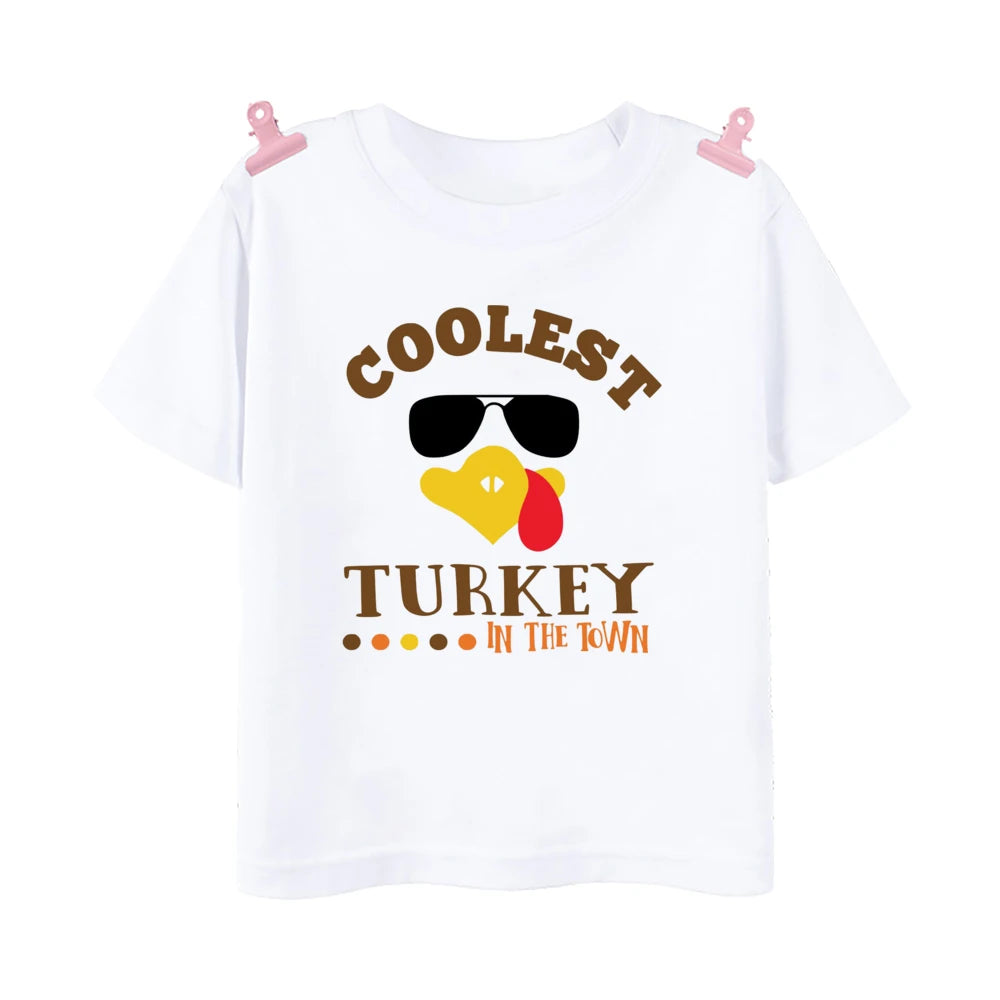 Coolest Turkey in Town Print T Shirt Kid Thanksgiving Clothes Mama's Little Pumpkin Toddler Thanksgiving Tops Cute Halloween Tee