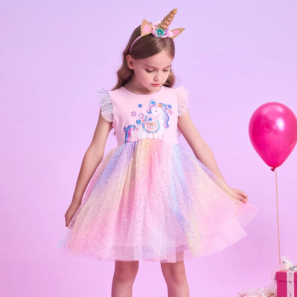 VIKITA Kids Flare Sleeve Summer Dress Girls Unicorn Flower Print Dresses Girls Pink Princess Birthday Party Gradient Cute Dress