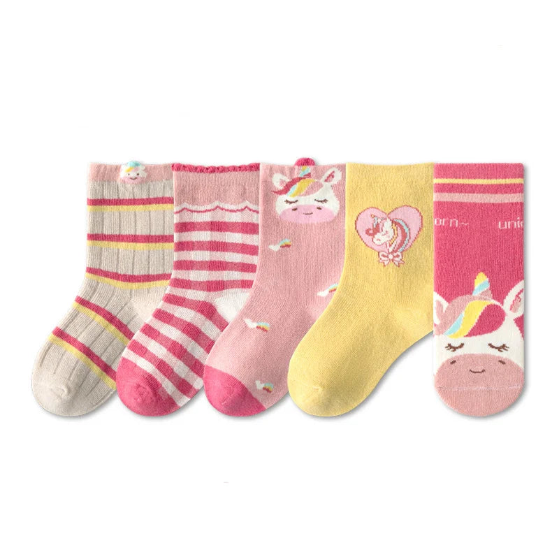 5/10 pairs/lot Kids Socks for Girls 2025 Cute Cartoon Unicorn Floral Print Children Ankle Short Breathable Cotton Toddler Sock