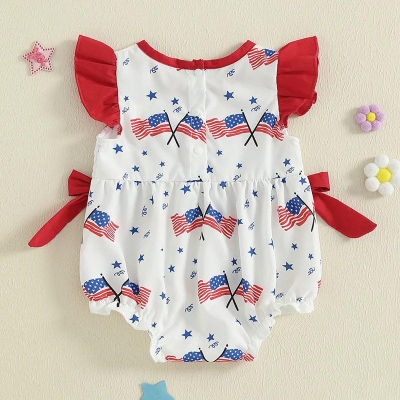 Toddler Girls Patriotic Sleeveless Romper with Ruffled Hem and American Flag Print for 4th of July Celebration
