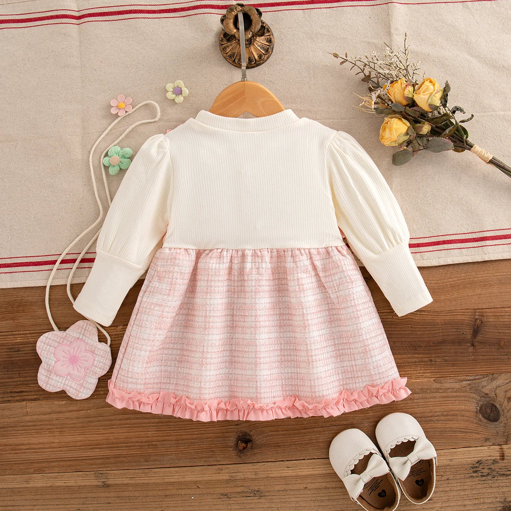 9 Months -3 Years Old Spring And Autumn New Simple Striped Baby Girl Dress, White Long Sleeved Children'S Clothing + Flower