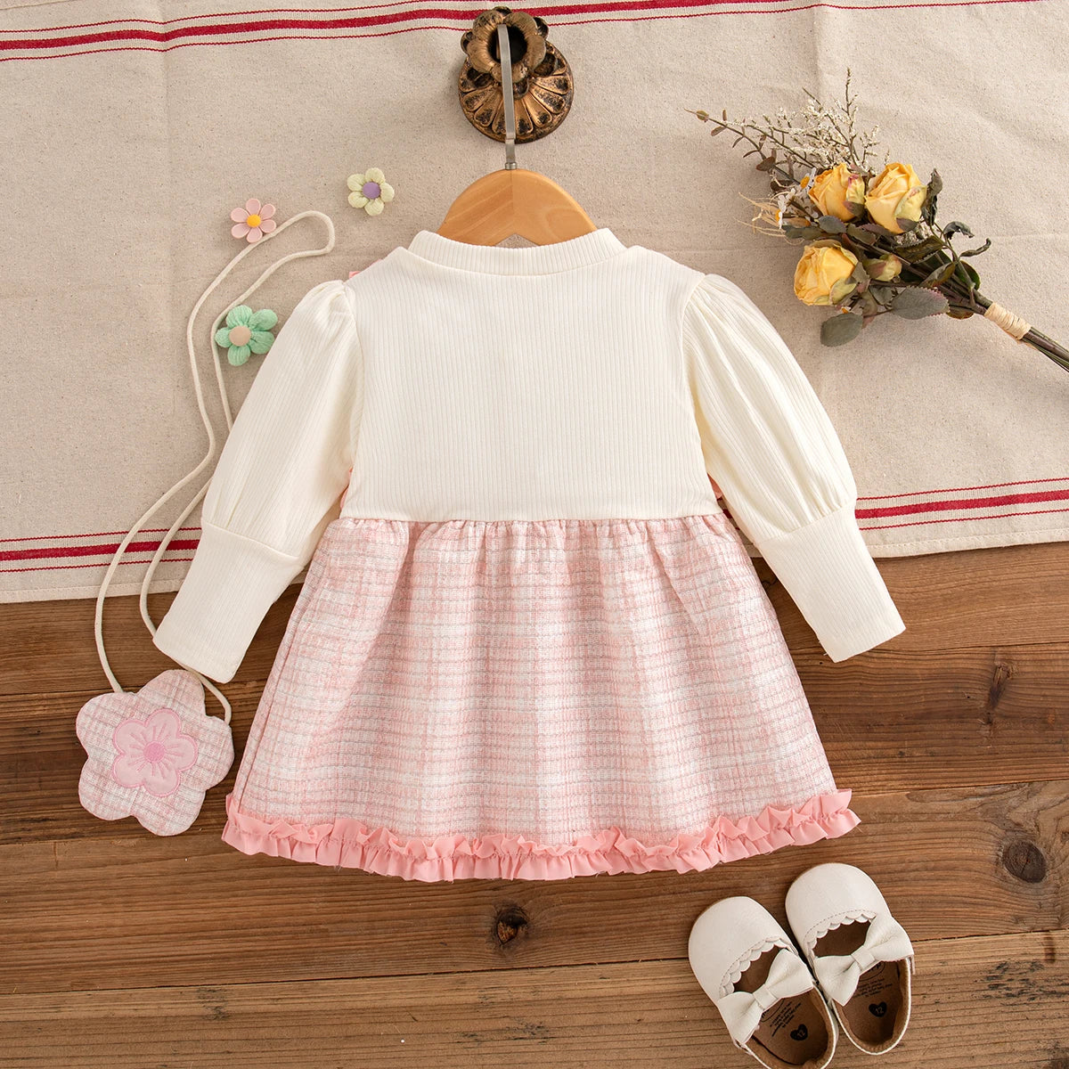 9 Months -3 Years Old Spring And Autumn New Simple Striped Baby Girl Dress, White Long Sleeved Children'S Clothing + Flower