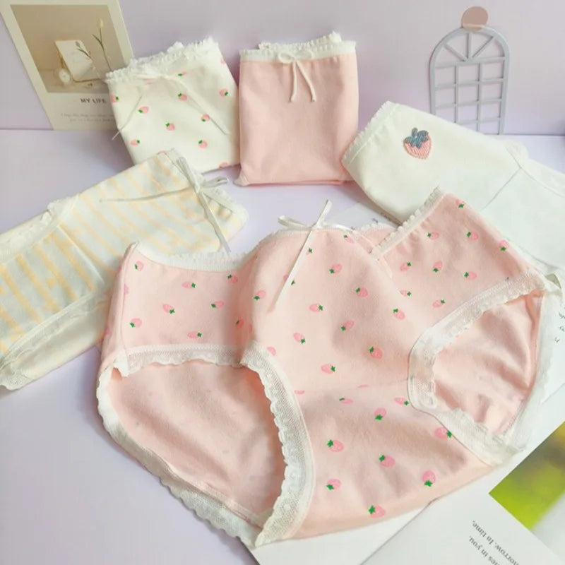 5PCS Girls Cotton Soft Antibacterial Briefs Kids Pink Strawberry Print Knickers 7+y Young Children Breathable Comfort Underwears
