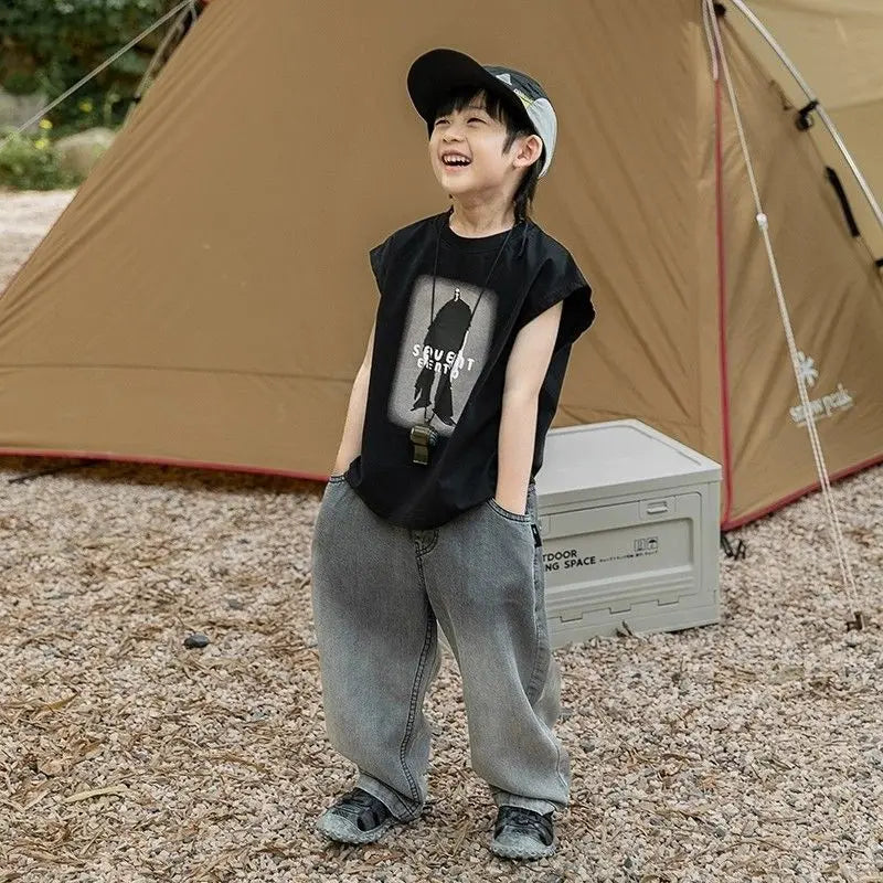 Boys Thin Tencel Denim Cooling Curved Pants 2025 New Style Ultra-Thin Kids Mosquito Repellent Long Pants Medium & Small Size