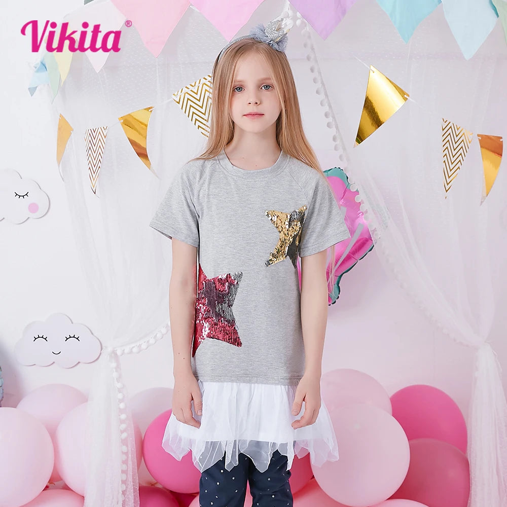 VIKITA Girls Star Sequined Appliqued O Neck Short Sleeve T Shirts Kids Summer Cotton Casual Daily Fashion Tees Tops Wear Clothes