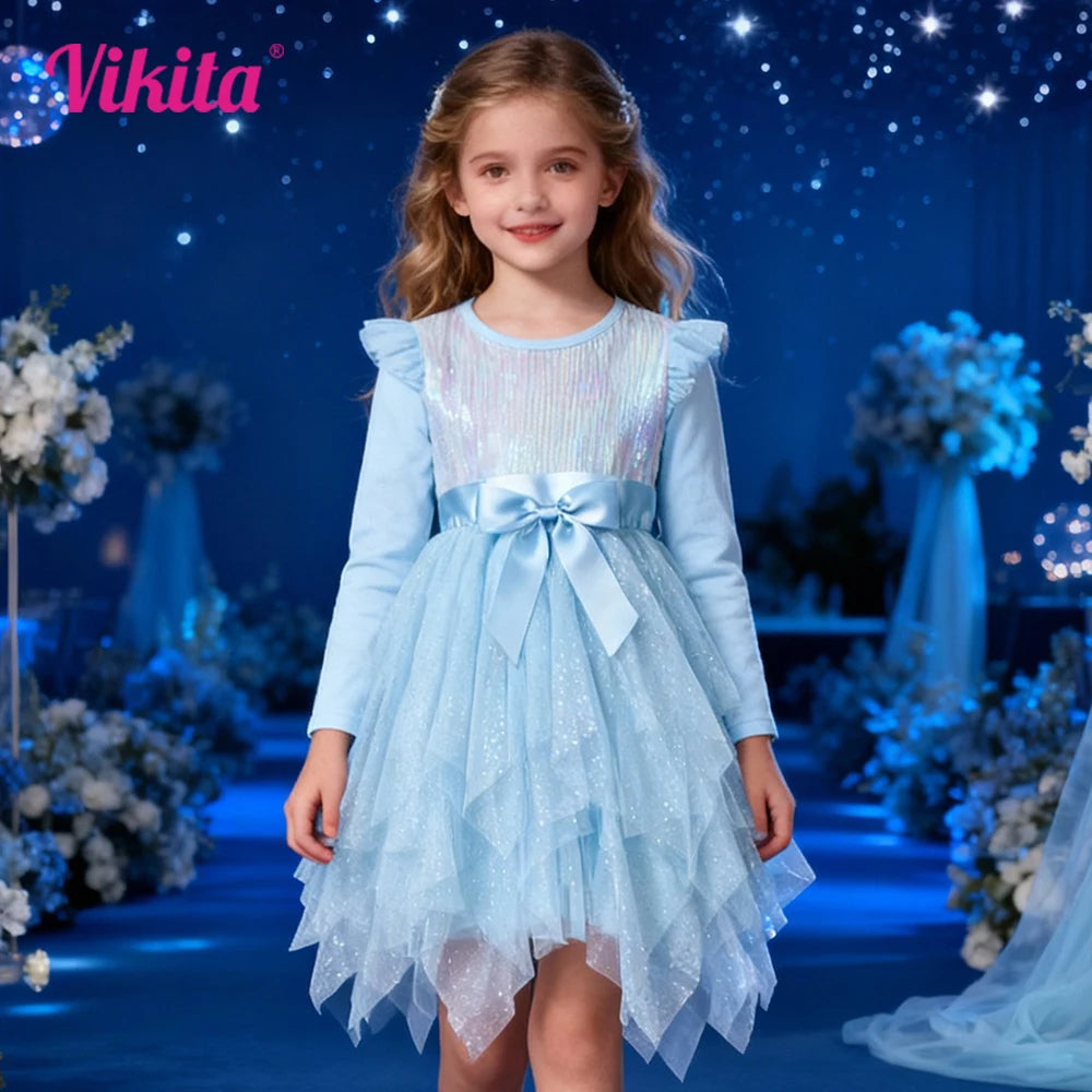 Girls Sparkly Light Blue Long Sleeve Autumn Spring Dress Toddlers Sequins Glittery Irregular Layered Tutu Princess Party Dresses