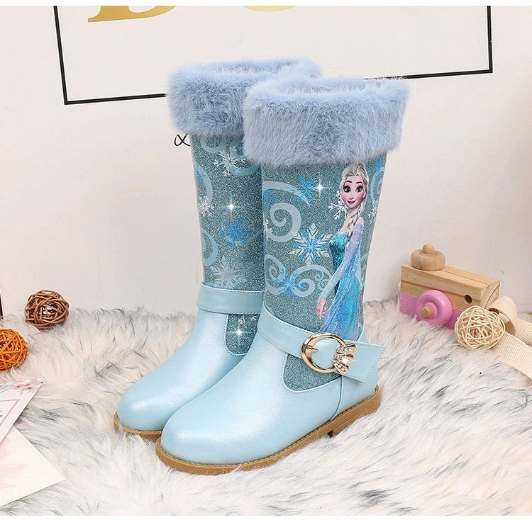 Disney Girls' Leather Boots Winter Cartoon Frozen Boots Zipper High Plush Princess Elsa Boots Warm Children's Boots Size 25-36