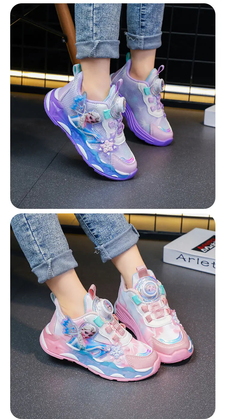 Disney LED Casual Sneakers Spring Girls Frozen Elsa Princess PU Leather Shoes Children Lighted Non-slip Pink Size 23-35