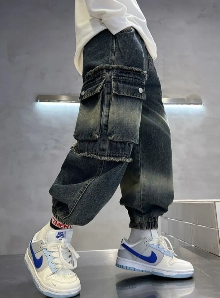2025 Boys' Cargo Pants All-Season Washed Tie-Dye Denim Long Pants Trendy Casual Style