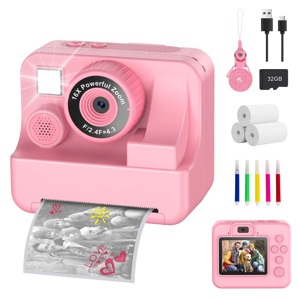New Bee Kids Instant Print Camera 1080P HD Dual Lens Selfie 32GB Digital Camera for Girls Boys Christmas Birthday Gifts Toys