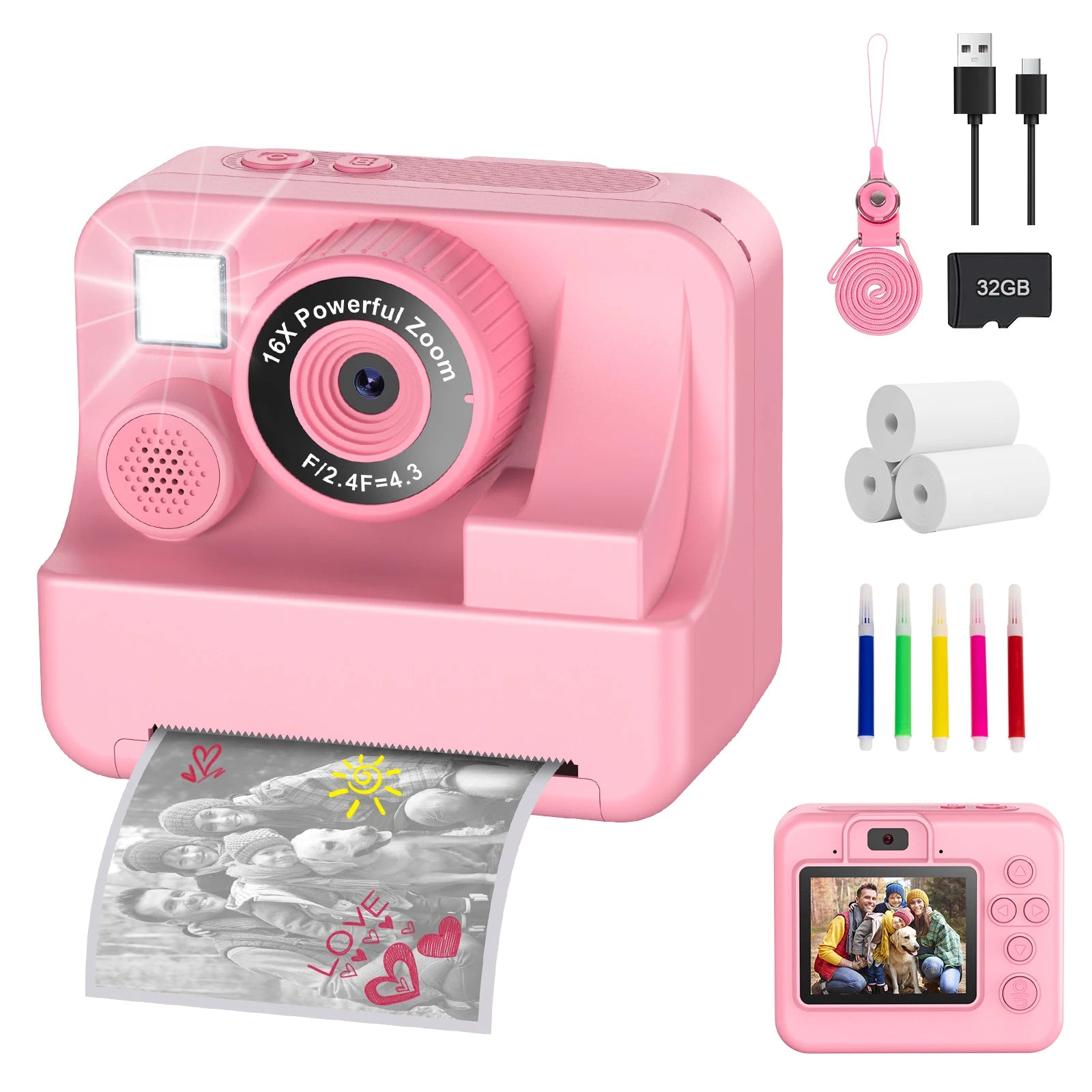 New Bee Kids Instant Print Camera 1080P HD Dual Lens Selfie 32GB Digital Camera for Girls Boys Christmas Birthday Gifts Toys