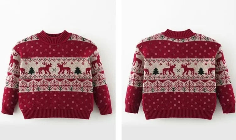 Kids' Christmas Thickened Fleece-Lined Pullover Sweater - Korean Style Warm Baby Boy & Girl Red Holiday Knitwear for Toddler