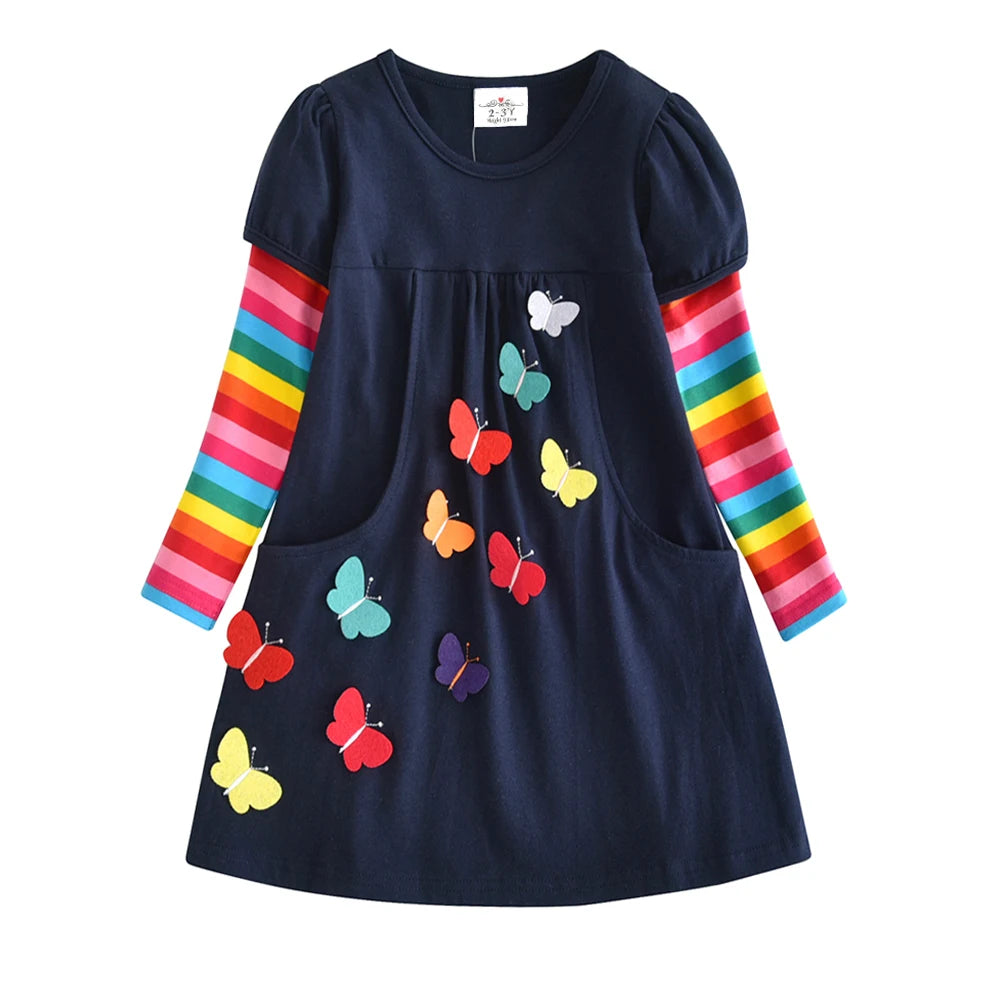 VIKITA Children Rainbow Striped Dress Girls Sequined Unicorn Dresses Kids Autumn Dress with Pockets Girl Cotton Vestidos 3-12Yrs