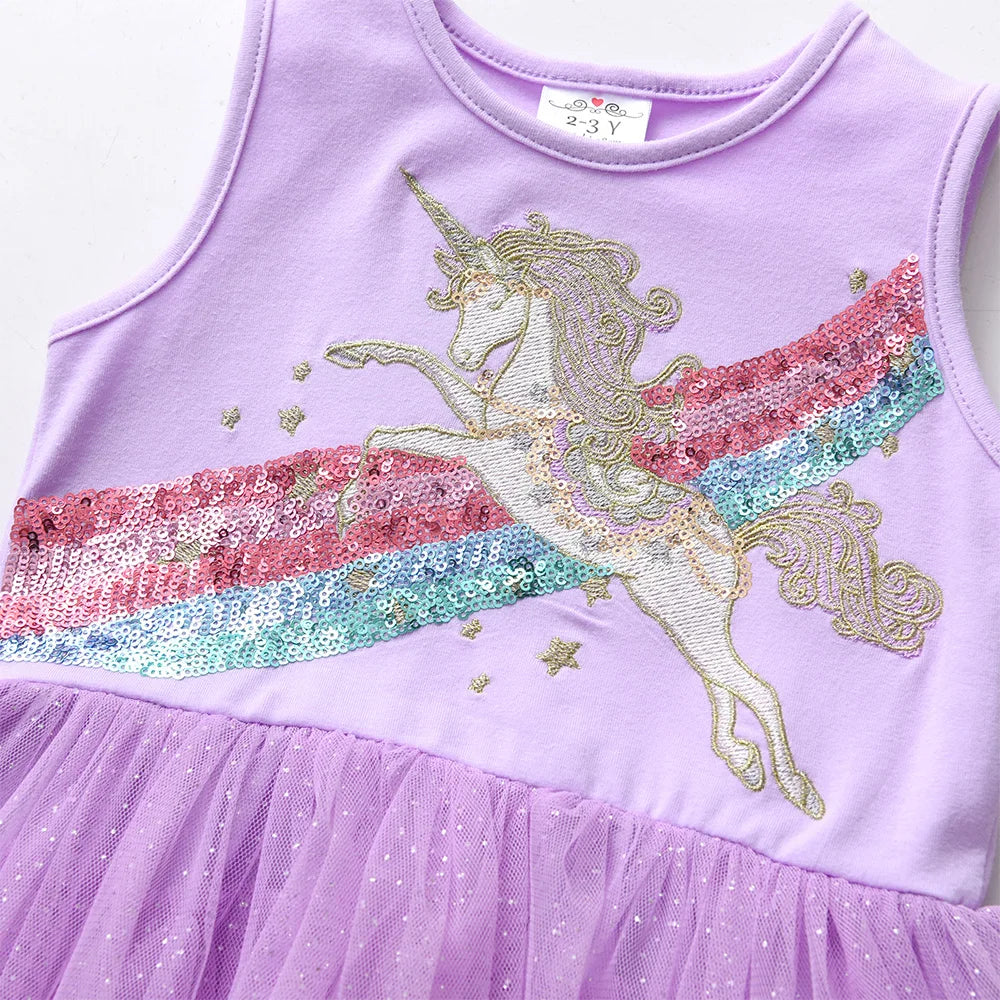 VIKITA Girls Sleeveless Summer Dress Kids Licorne Sequined Appliqued Purple Dresses Girls Party Mesh Tulle Tutu Princes Dress