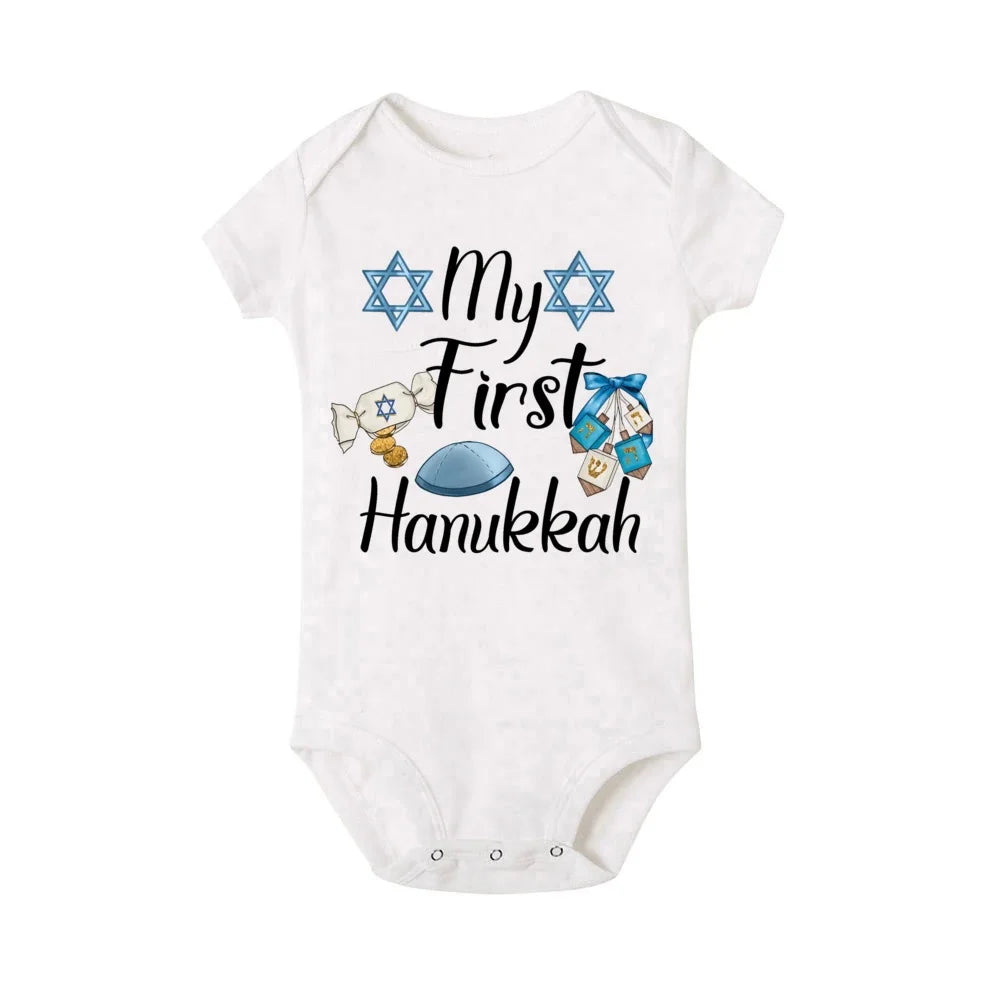 My First Hanukkah Print Baby Bodysuit Boys Girls Jewish Chanukah Short Sleeve Romper Infant Newborn Holiday Outfits Kids Clothes