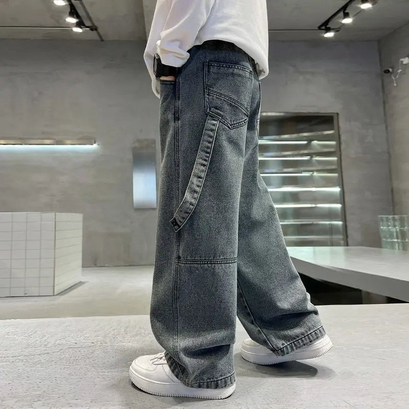 2025 Spring Boys' Wide-Leg Jeans Loose-Fit Trendy Streetwear for Kids Ages 8-14