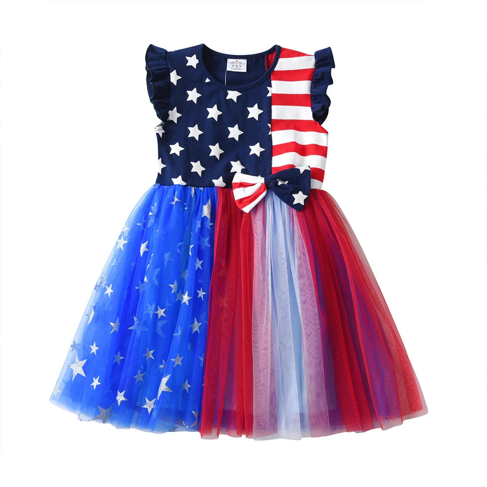 VIKITA Kids Summer Dress Girls Mermaid Print Princess Dress Flying Sleeve Toddlers Birthday Party Tutu Dress Children Clothing