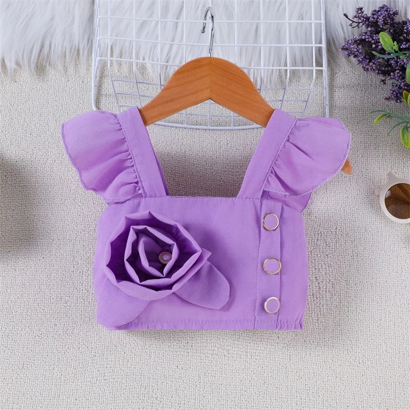 Adorable Baby Girl Summer Ensemble Flutter Sleeve Square Neck Top with 3D Floral Detailing and Matching A-Line Skirt - 2 Piece