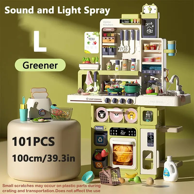 100CM Kids Kitchen Playset with Sound & Light Cooking Stove with Steam Play Sink Toy Pretend Play Food Toys for Boys Girls Gift