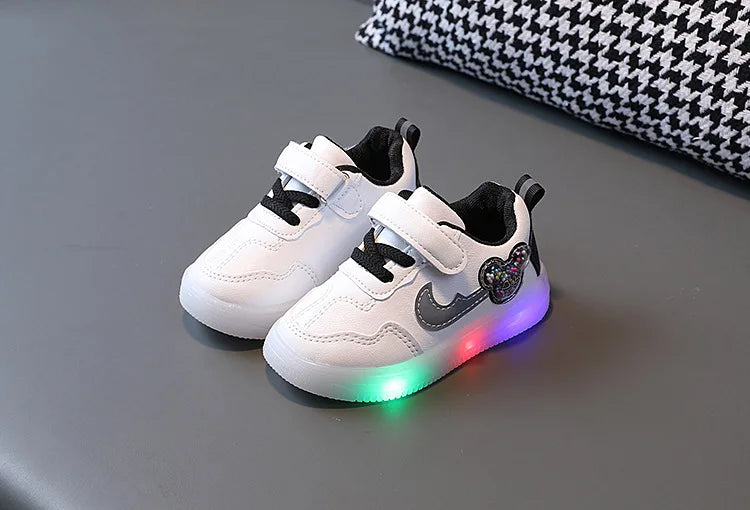 Kids'Casual Shoes Children Led Light Cartoon PU Leather Spring Anti-slip Soft Bottom Sneakers Black Pink Size 21-30