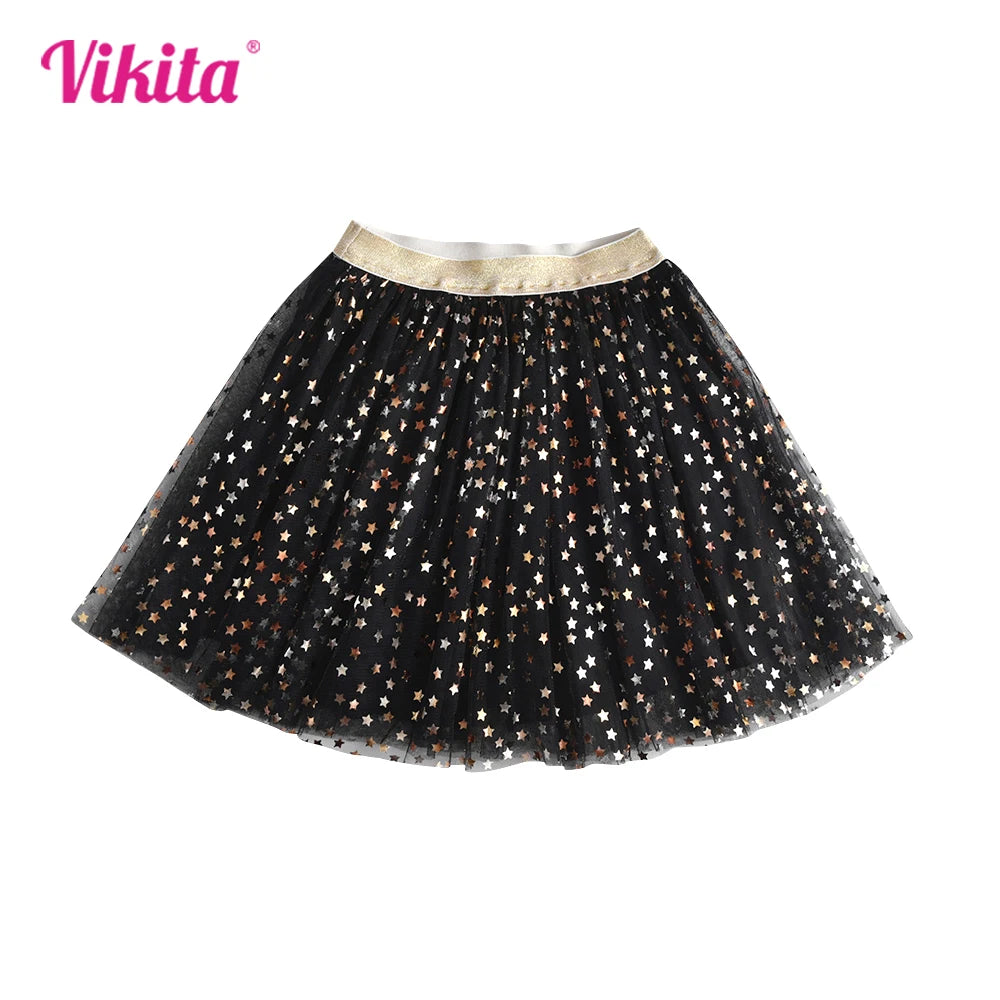 VIKITA Girls Golden Silvery Star Sequins Mesh Tutu Skirts Glittery Black Tulle Princess Party Dance Ballet Elegant Mini Skirt