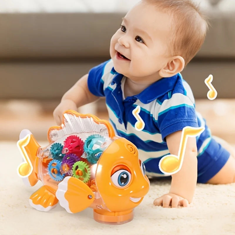 Transparent Electric Gear Gold Fish Toddler Toys with Music & Lights Bump & Go Educational STEM Toys for Babies Tummy Time Gifts