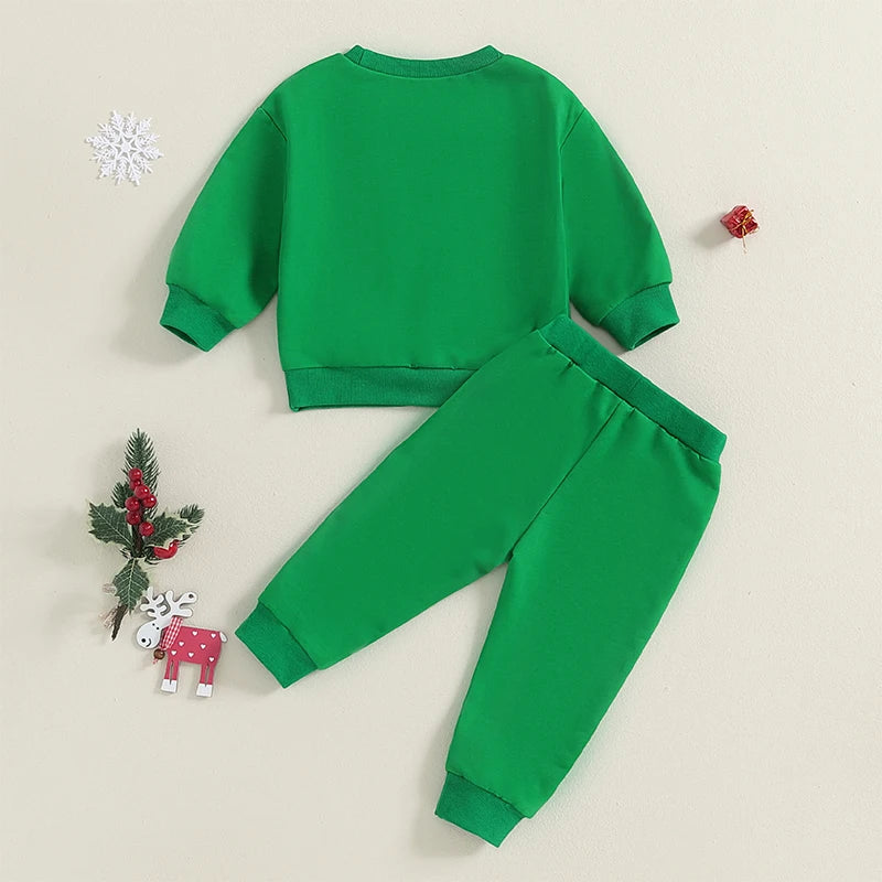 Toddler Boy Girl Winter Christmas Tree Print Long Sleeve Round Neck Sweatshirt and Pants Outfit Set with Letter Embroidery