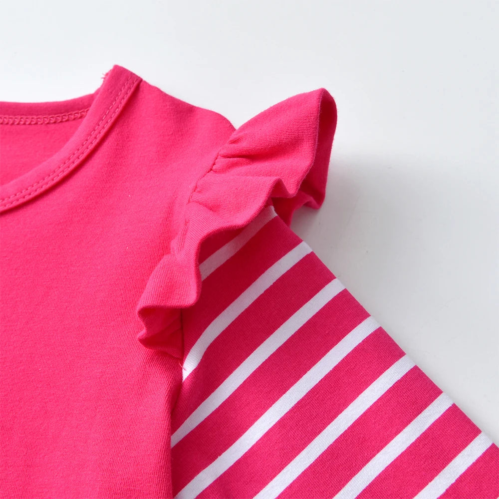 DXTON Toddlers Girls T-shirts Striped Ruffled Long Sleeve Kids Cartoon Tops Squirrel Print Casual Winter Girls Cotton Clothing