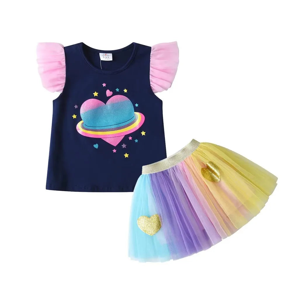 VIKITA Girls Summer Clothing Sets Kids Flare Sleeve Heart Cotton Tops Tees and Rainbow Mesh Tulle Skirts 2 Pcs Children Clothes