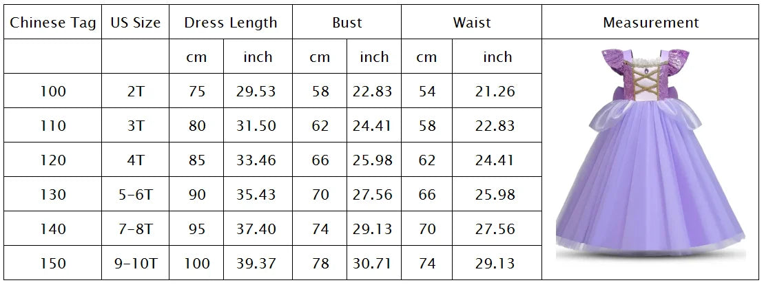 European and American Style Girl Princess Dress Rapunzel Apparel Ball Gown with Bow at Back Children Halloween Tangled Role Play