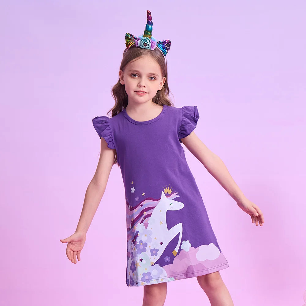 VIKITA Girls Flare Sleeve Summer Dress Kids Cotton Casual Licorne Flower Print Purple Princess Straight Dress Children Clothing